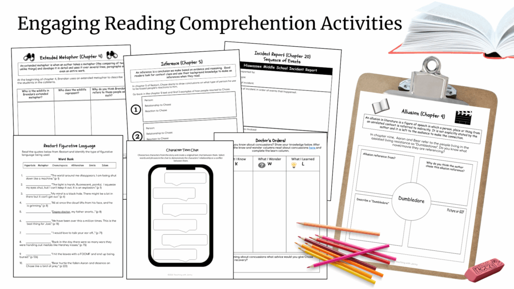 alt="Printable Restart novel study worksheets featuring figurative language, inference, allusions, and interactive comprehension activities for middle school students"