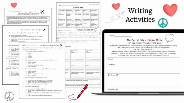 Writing activities for The Secret Life of Walter Mitty ELA Movie Guide, including text-dependent analysis essay prompts, rubric, quiz, and graphic organizers for dynamic character analysis.
