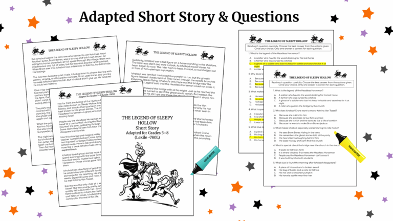 Preview image showing pages of an adapted version of The Legend of Sleepy Hollow for grades 5–8, including a cover page with Ichabod Crane and the Headless Horseman illustration, several pages of the short story text, and comprehension question worksheets with multiple-choice answers highlighted.